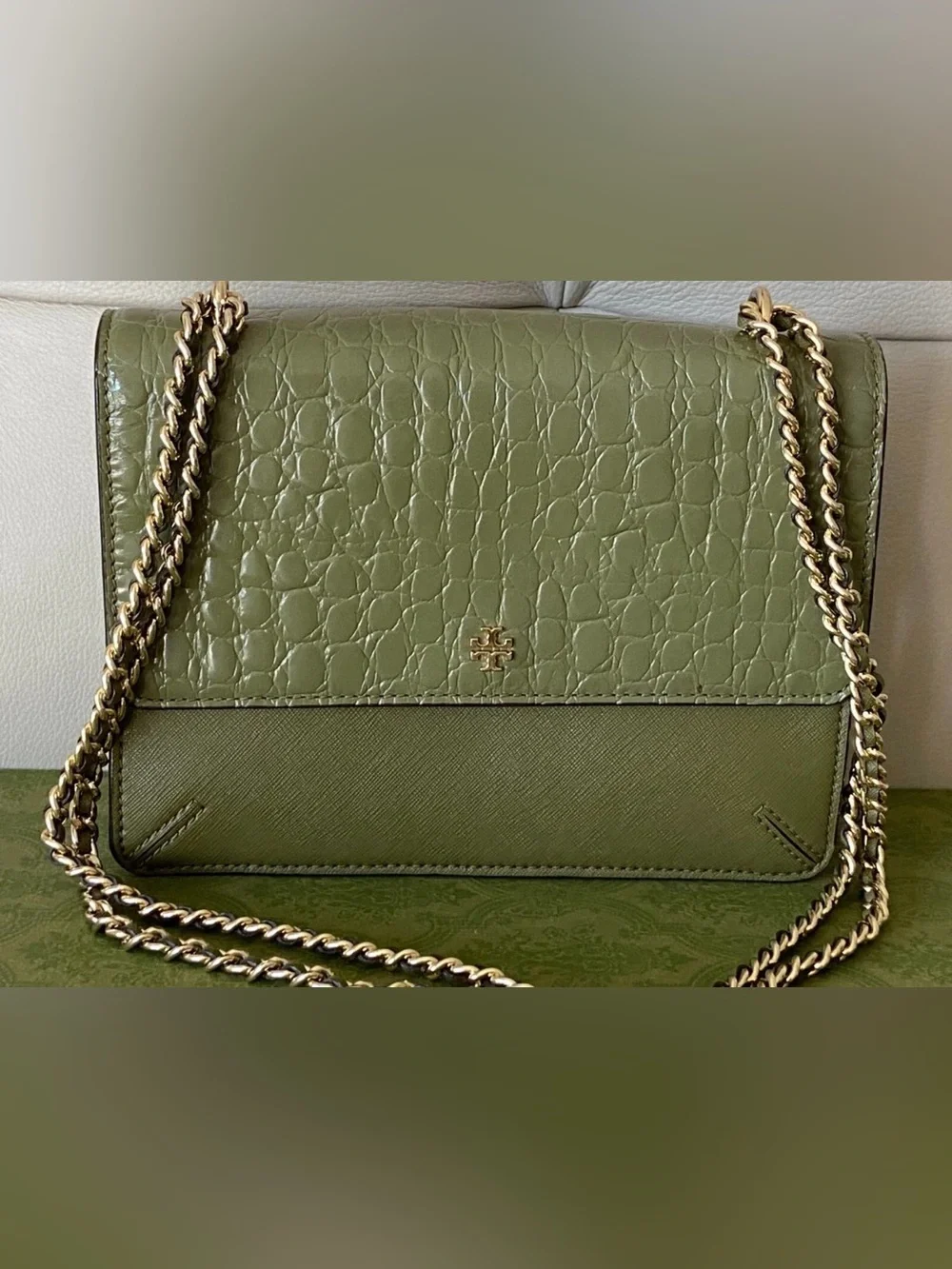 Tory Burch Olive Croc-Embossed Shoulder Bag with Gold Chain